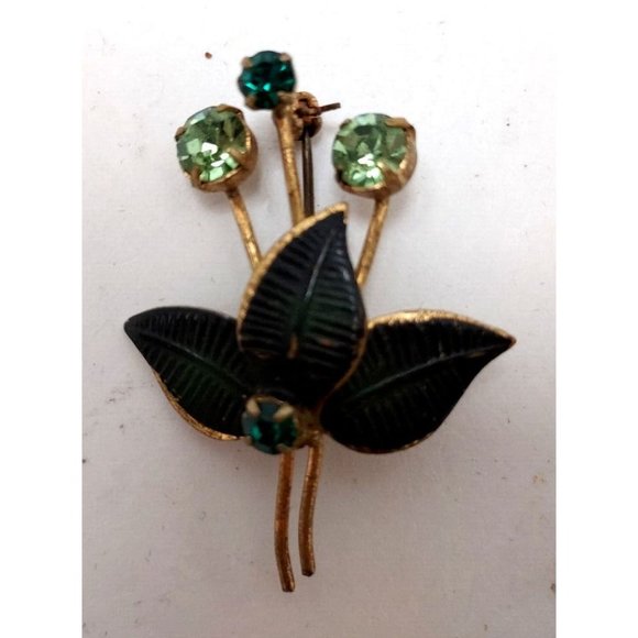 Brooch  Leaves 4 Green crystals Gold Tone/Enamel Made in Austria - Picture 1 of 2